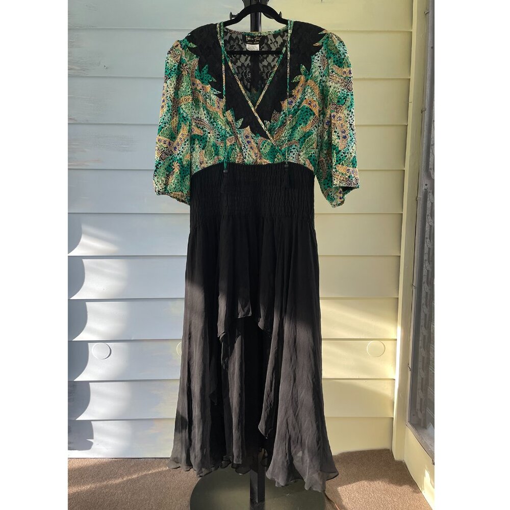 Vintage Diane Freis Limited Edition Green and Black Silk Dress Size L